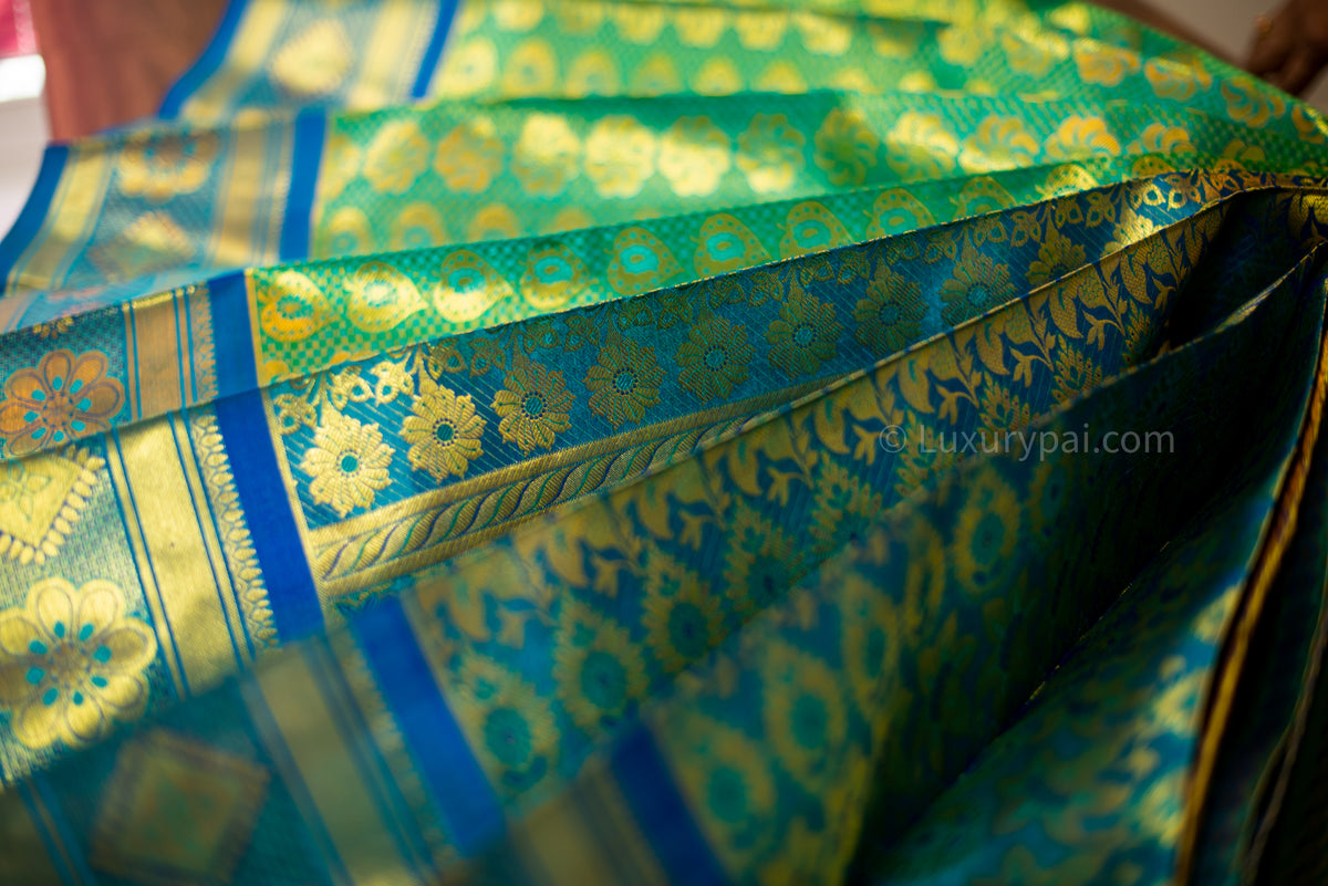 Elegant Rexona Kanchipuram Pattu Saree in Chakkara Poo & Betel Leaf Design - Handloom Kai Korvai Silk Saree with Anantha Wide Border in Flower Design