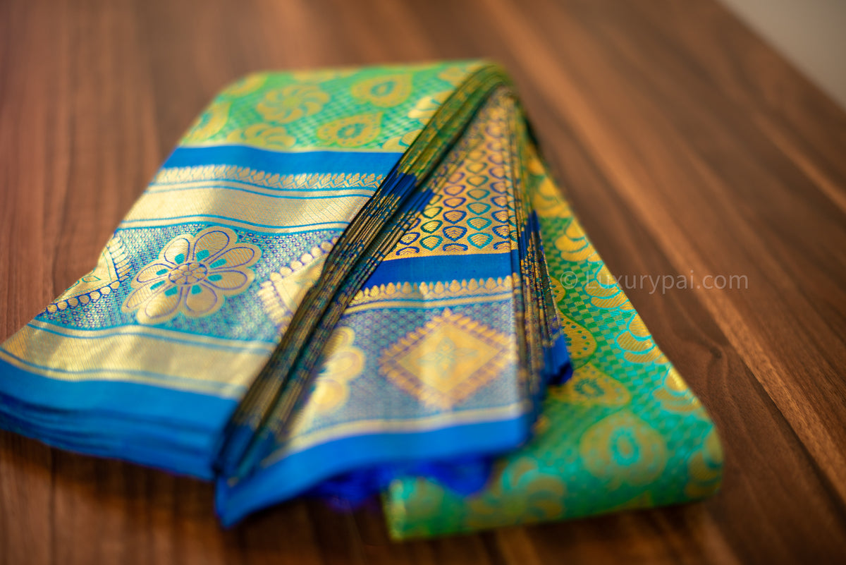 Elegant Rexona Kanchipuram Pattu Saree in Chakkara Poo & Betel Leaf Design - Handloom Kai Korvai Silk Saree with Anantha Wide Border in Flower Design