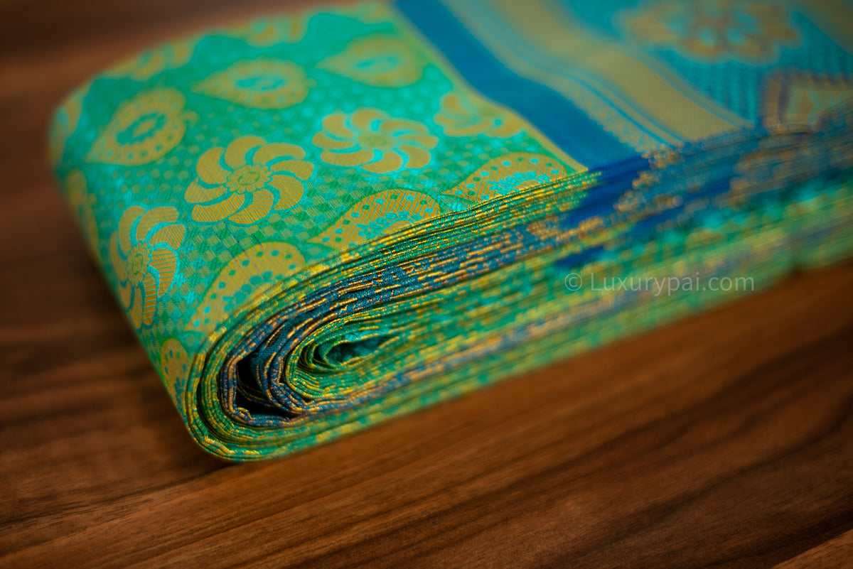 Elegant Rexona Kanchipuram Pattu Saree in Chakkara Poo & Betel Leaf Design - Handloom Kai Korvai Silk Saree with Anantha Wide Border in Flower Design