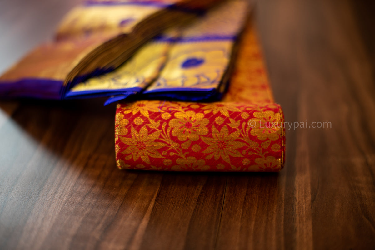 Gorgeous Tomato Red Kanchipuram Pattu Saree with Floral Design - A Must-Have for Any Bride or Woman Looking for a Luxurious and Elegant Piece