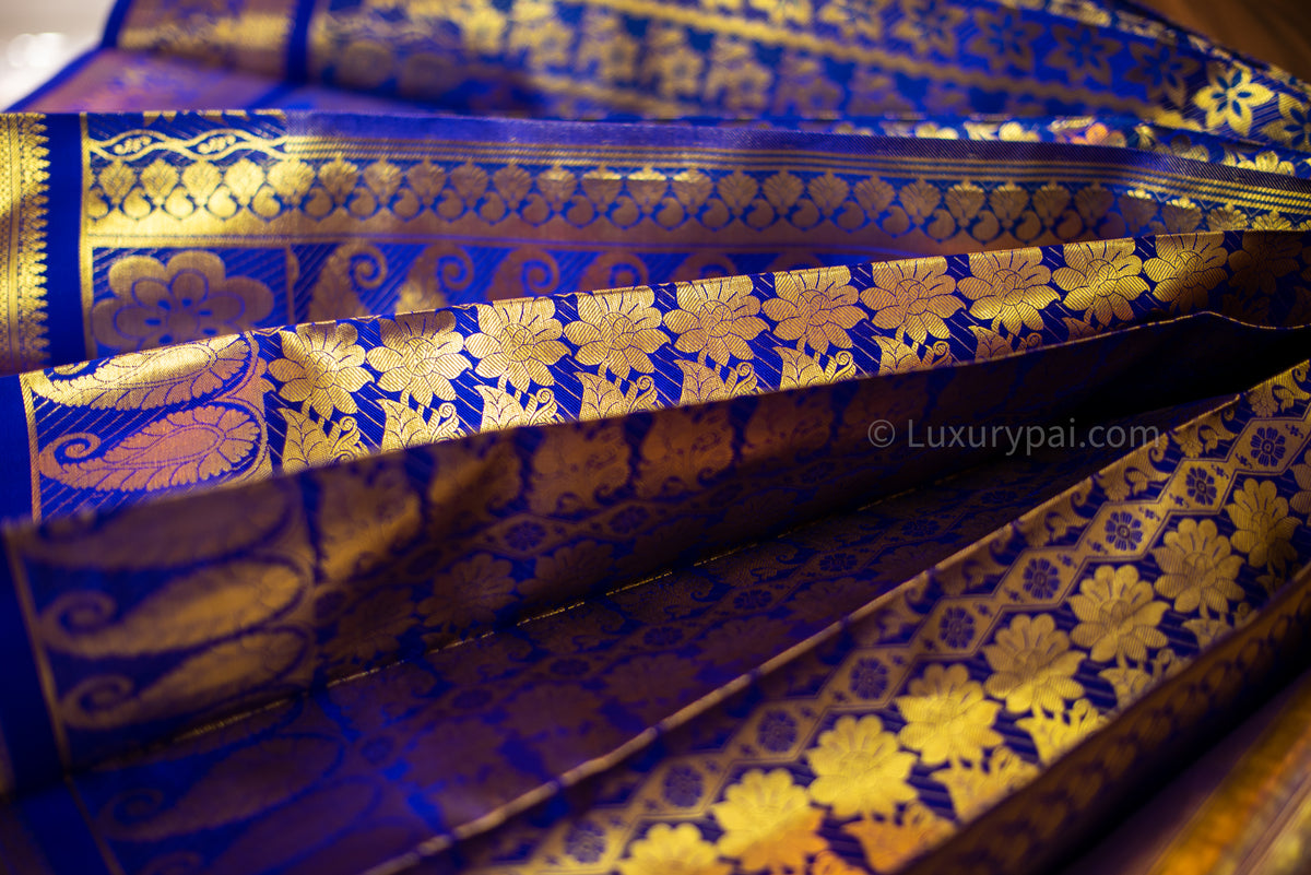 Stunning Violet Kanchipuram Pattu Saree with Floral and Chain Design - A Luxurious and Elegant Piece for Any Occasion