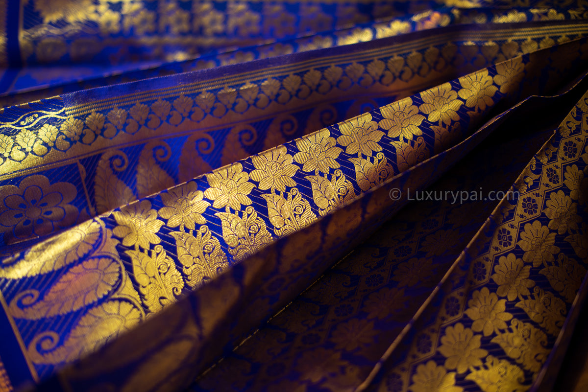 Stunning Violet Kanchipuram Pattu Saree with Floral and Chain Design - A Luxurious and Elegant Piece for Any Occasion