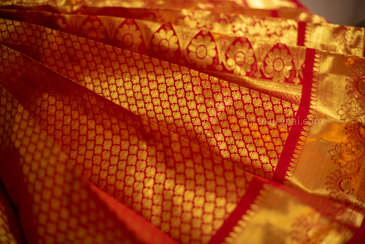 Stunning Tomato Red Kanchipuram Pattu Saree with Exquisite Betel Leaves Design - A Luxurious and Elegant Piece for Any Occasion