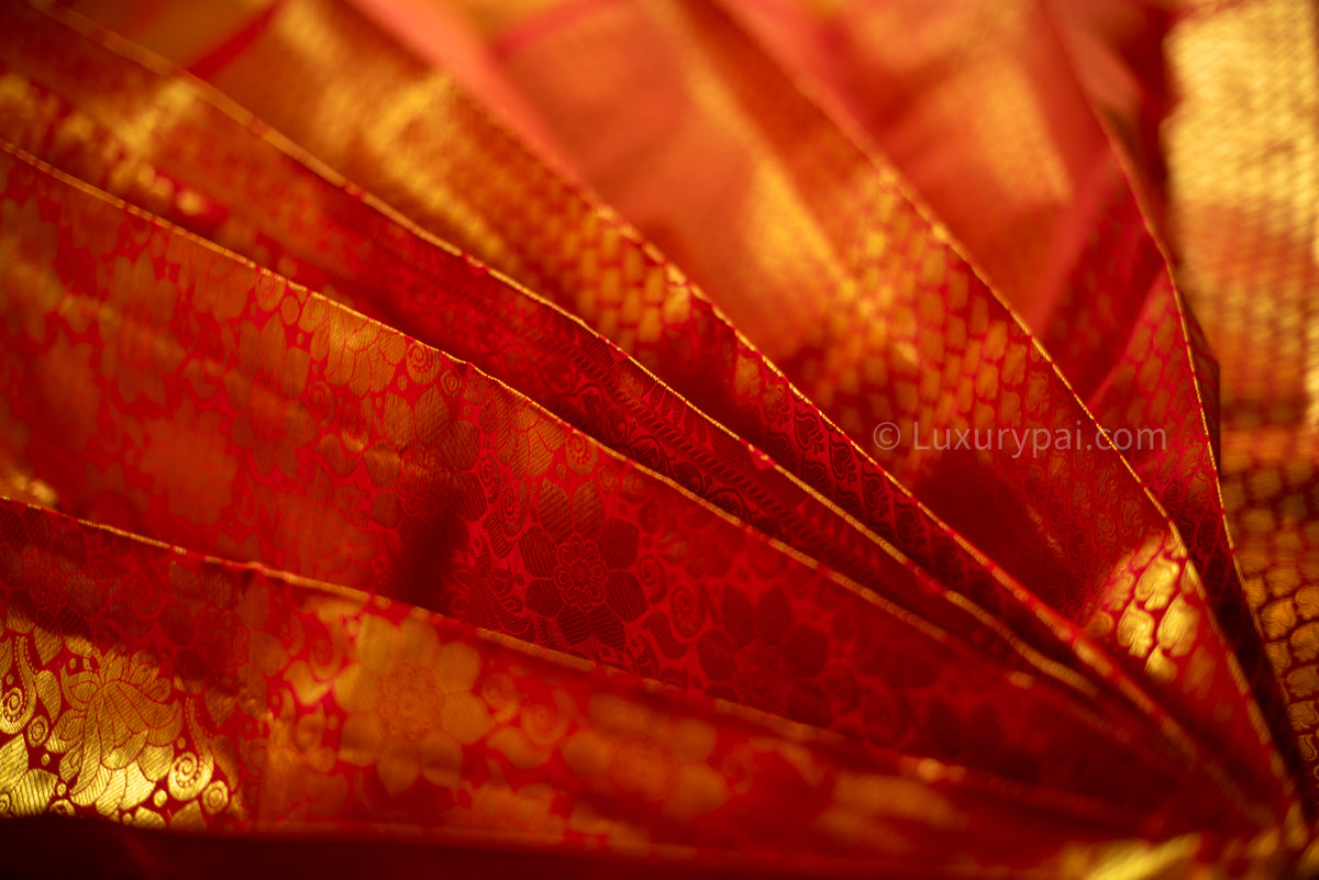 Stunning Tomato Red Kanchipuram Pattu Saree with Exquisite Betel Leaves Design - A Luxurious and Elegant Piece for Any Occasion