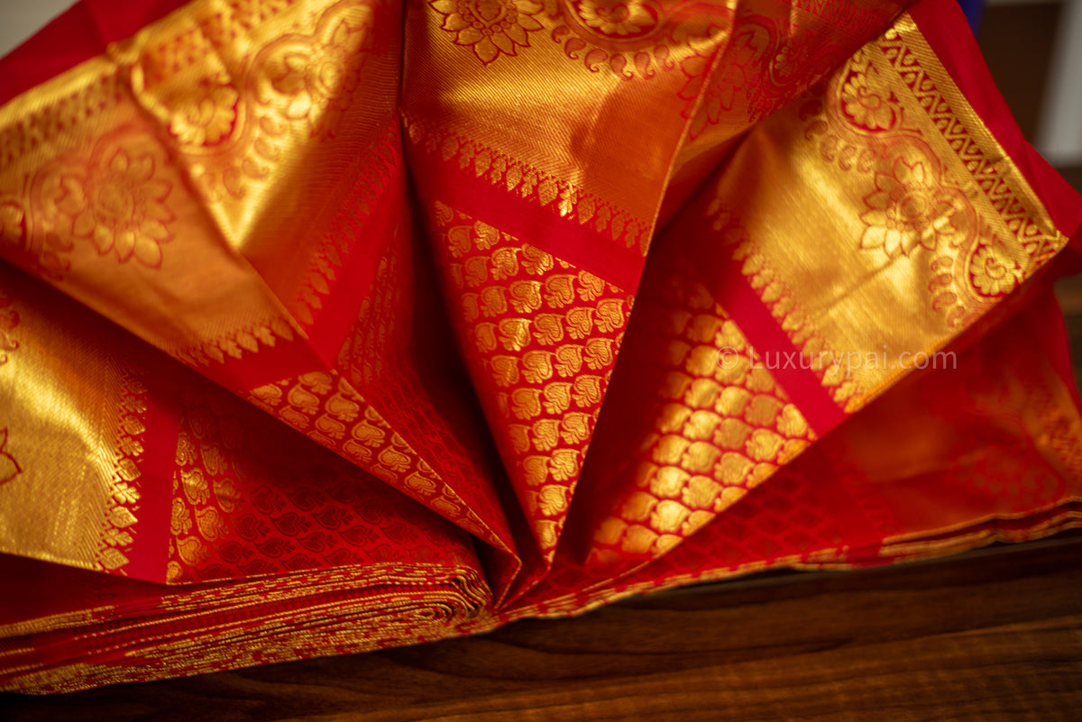 Stunning Tomato Red Kanchipuram Pattu Saree with Exquisite Betel Leaves Design - A Luxurious and Elegant Piece for Any Occasion