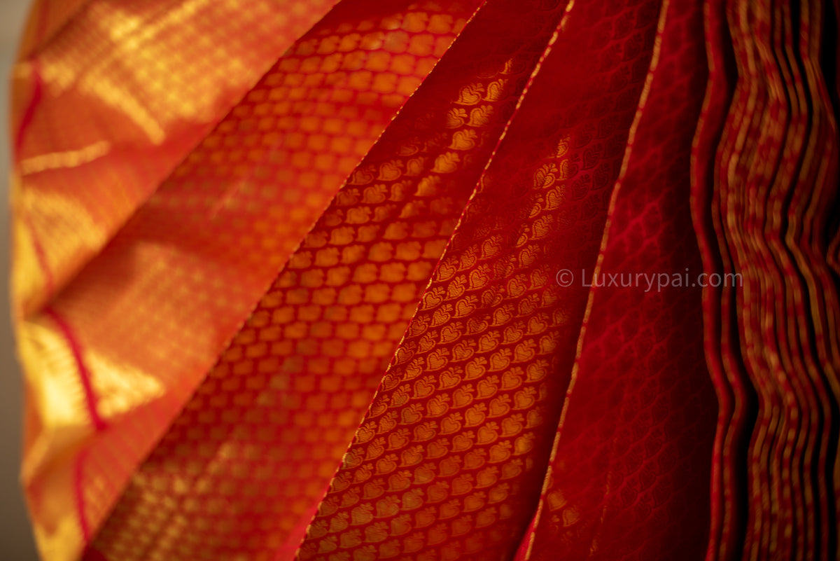 Stunning Tomato Red Kanchipuram Pattu Saree with Exquisite Betel Leaves Design - A Luxurious and Elegant Piece for Any Occasion