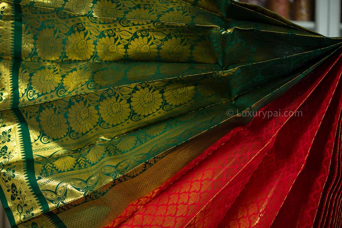 Opulent Tomato Red & Green Kanchipuram Silk Saree with Jasmine Motifs - Authentic Kai Korvai Weave with Golden Tomato Red Kodi Malar & Malai Thuli Border