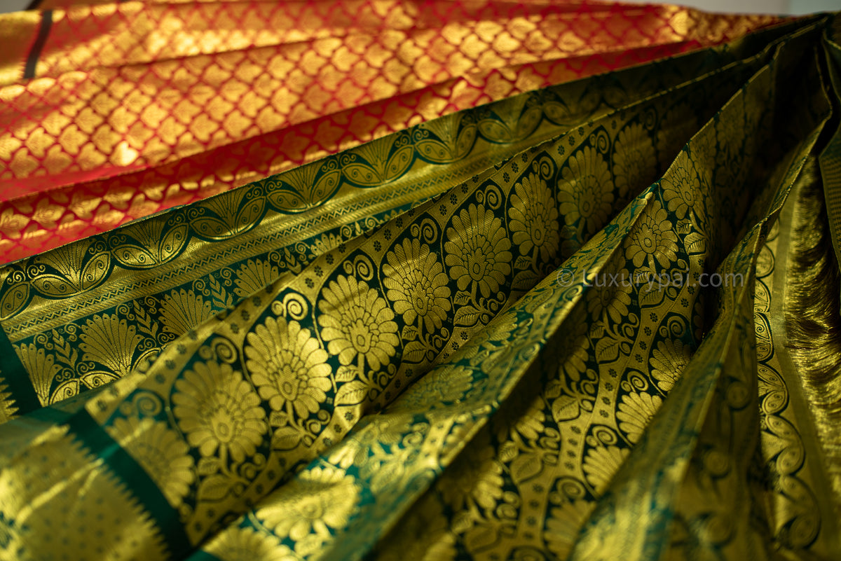 Opulent Tomato Red & Green Kanchipuram Silk Saree with Jasmine Motifs - Authentic Kai Korvai Weave with Golden Tomato Red Kodi Malar & Malai Thuli Border