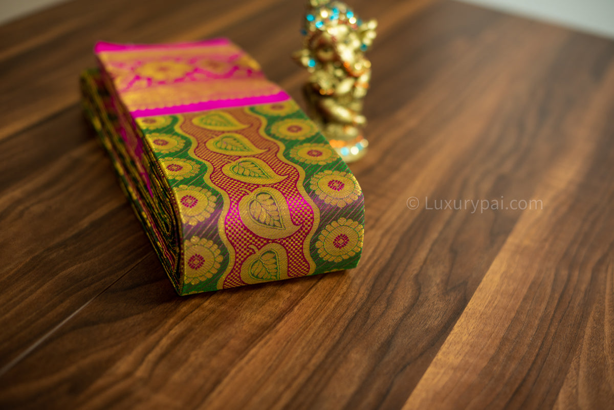 Ethereal Iridescent Kanchipuram Silk Saree with Betel & Chakkara Poo Motifs - Authentic Kai Korvai Weave with Pink Floral Diamond-Edged Border