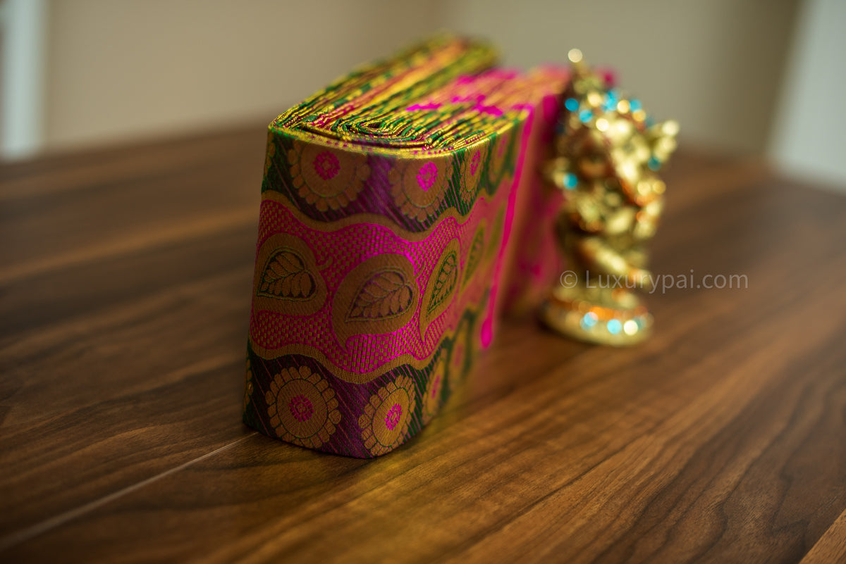 Ethereal Iridescent Kanchipuram Silk Saree with Betel & Chakkara Poo Motifs - Authentic Kai Korvai Weave with Pink Floral Diamond-Edged Border