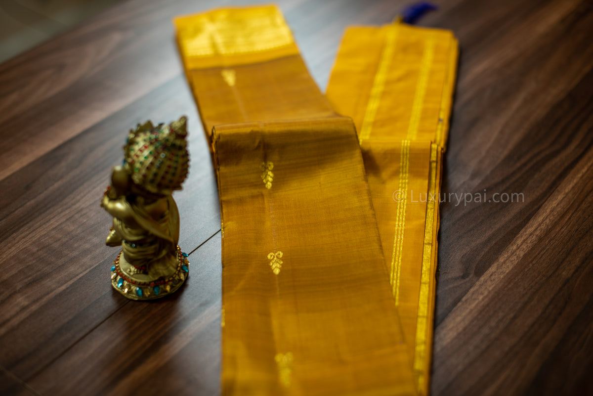 Opulent Fenugreek & Yellow Kanchipuram Silk Saree: Handloom Kai Korvai Weave with Delicate Butta Motifs