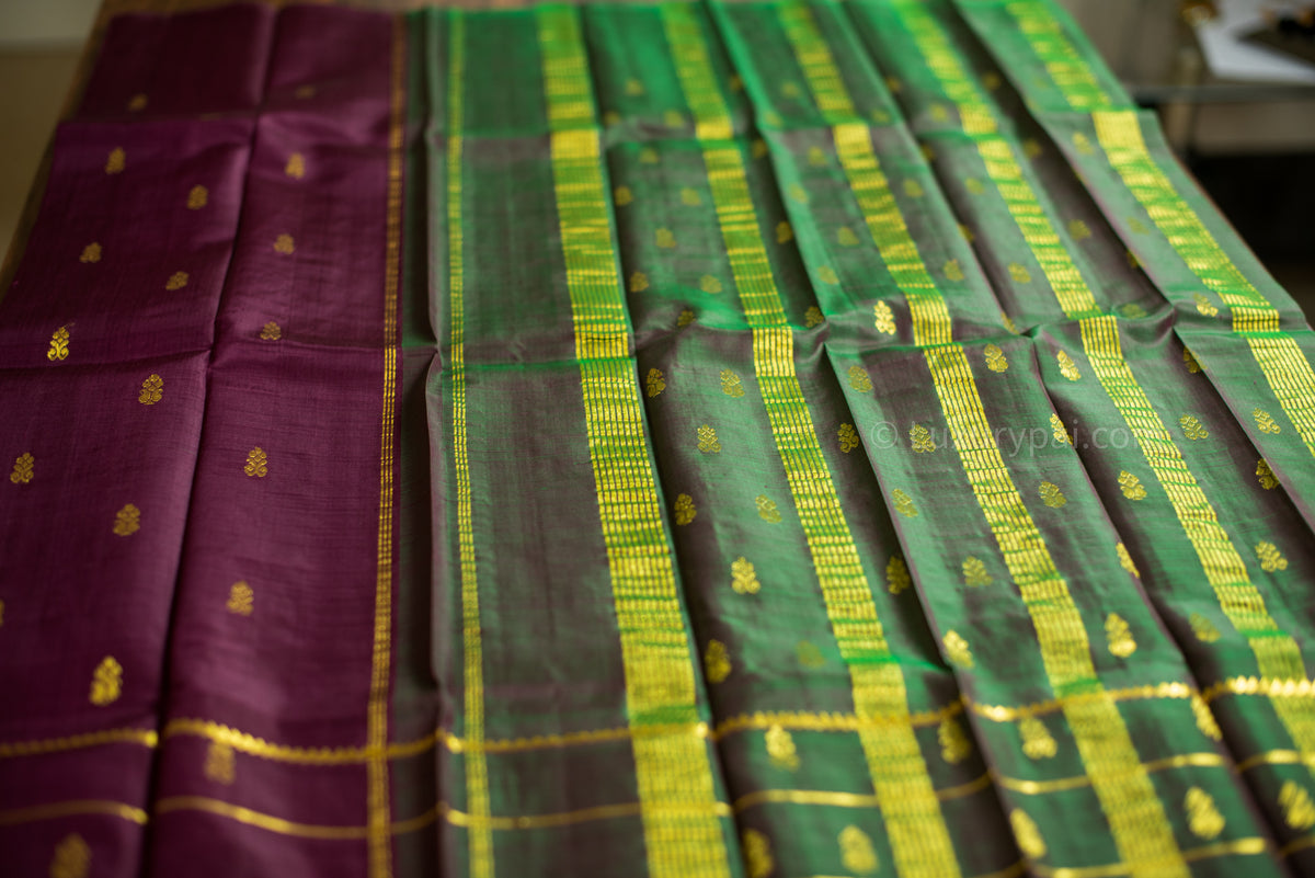 Kanchipuram Silk Saree in Pakku & Green: Handwoven Kai Korvai with Butta-Disco Motif