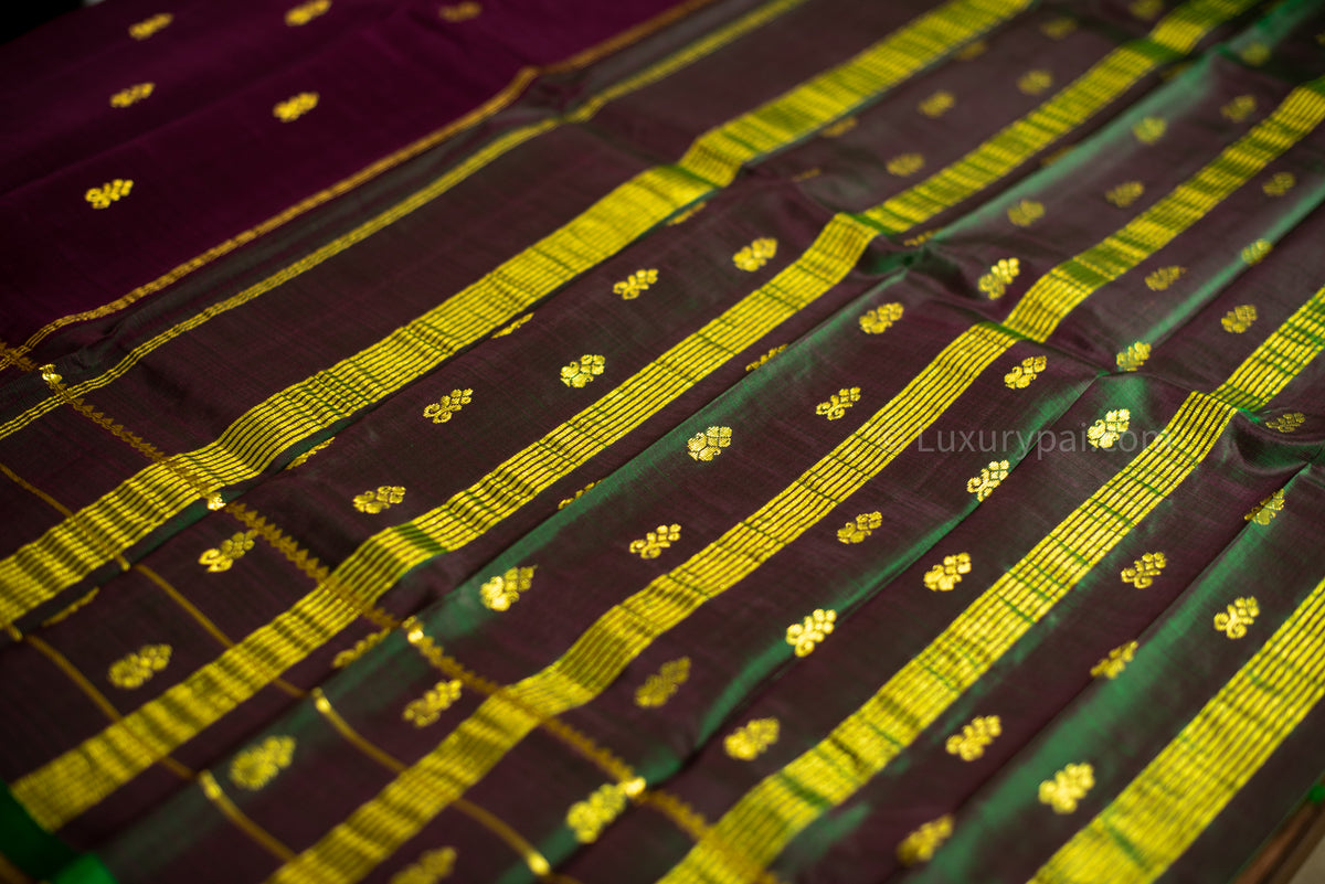 Kanchipuram Silk Saree in Pakku & Green: Handwoven Kai Korvai with Butta-Disco Motif