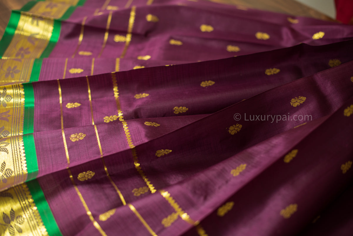 Kanchipuram Silk Saree in Pakku & Green: Handwoven Kai Korvai with Butta-Disco Motif