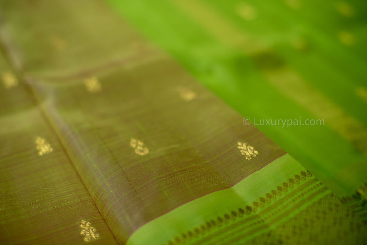 Cardamom Green Kanchipuram Silk Saree: Handwoven Kai Korvai with Elegant Butta Motif