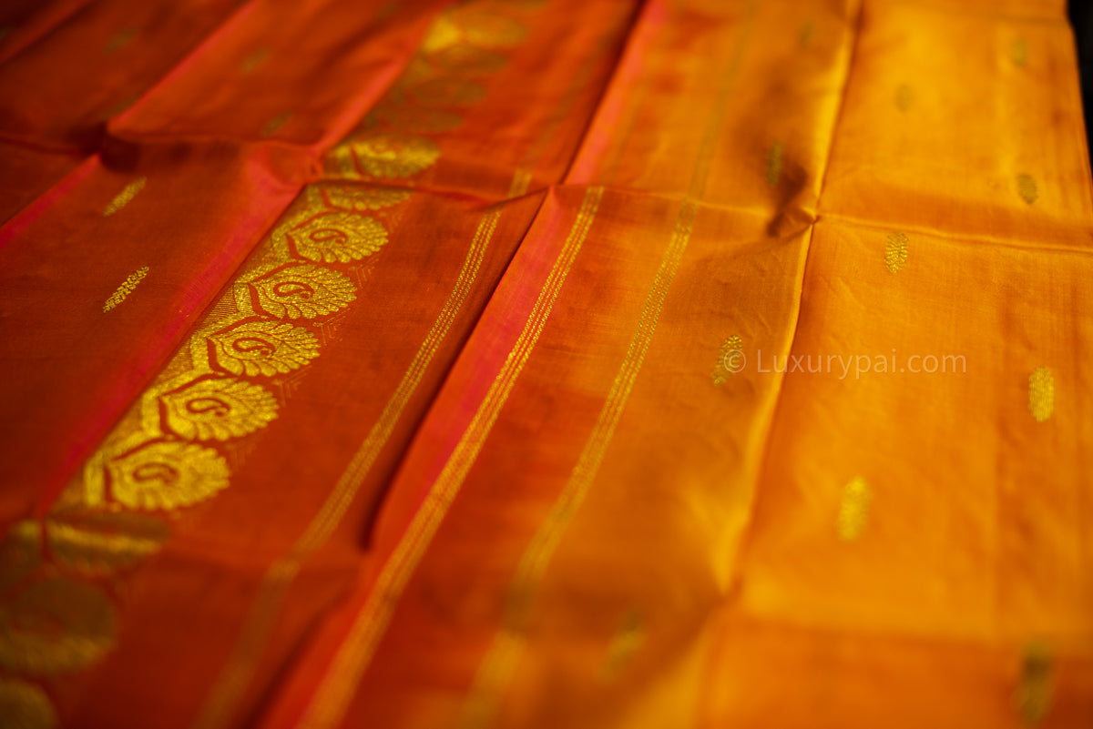 Regal Fanta Orange Kanchipuram Silk Saree: Exquisite Butta Design with Rich Dark Orange Border - Authentic Handloom Kai Korvai Craftsmanship