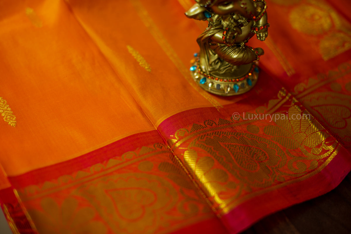 Regal Fanta Orange Kanchipuram Silk Saree: Exquisite Butta Design with Rich Dark Orange Border - Authentic Handloom Kai Korvai Craftsmanship