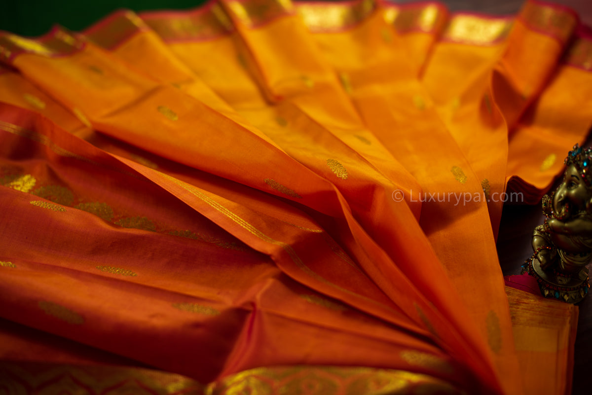 Regal Fanta Orange Kanchipuram Silk Saree: Exquisite Butta Design with Rich Dark Orange Border - Authentic Handloom Kai Korvai Craftsmanship