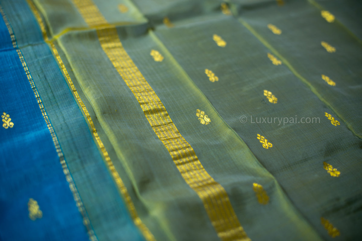 Exquisite Kanchipuram Silk Saree in Ethereal Sky Blue with Intricate Butta Motifs - Traditional Kai Korvai Handloom Artistry with Delicate Fenugreek Green Accents