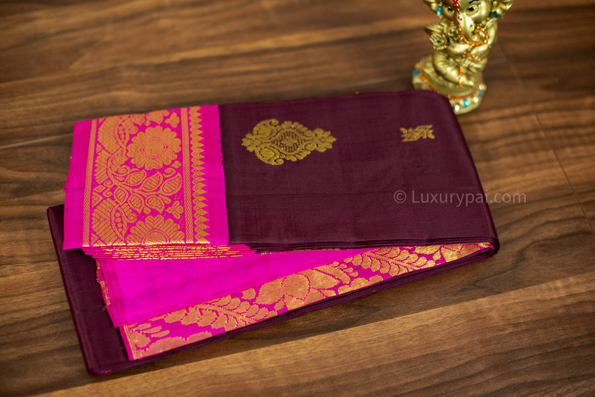 Elegant Kanchipuram Silk Saree in Rich Chocolate Brown with Exquisite Butta Work - Traditional Kai Korvai Weaving with Delicate Cotton Candy Pink Border