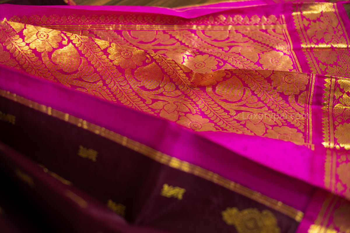 Exquisite Kanchipuram Pure Silk Saree in Rich Chocolate Brown with Pink Border