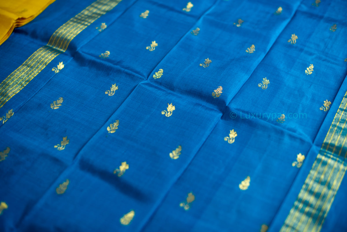 Exquisite Lemon Yellow Kanchipuram Silk Saree with Butta Motifs - Traditional Handloom Kai Korvai Weaving with Anantha Blue Border