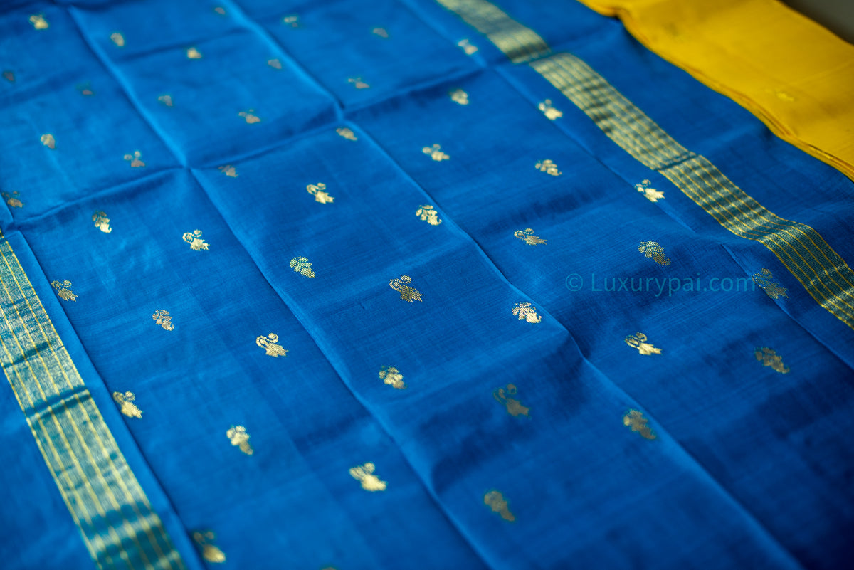 Exquisite Lemon Yellow Kanchipuram Silk Saree with Butta Motifs - Traditional Handloom Kai Korvai Weaving with Anantha Blue Border