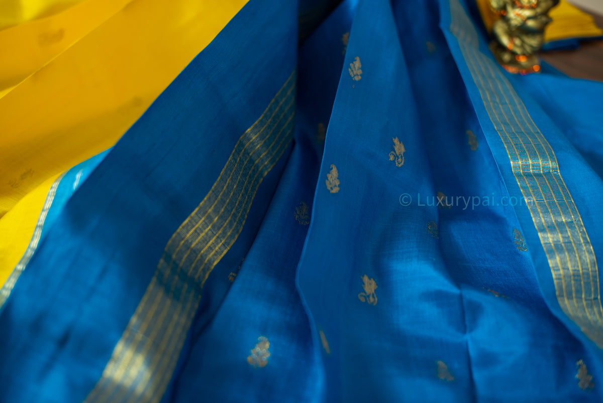 Exquisite Lemon Yellow Kanchipuram Silk Saree with Butta Motifs - Traditional Handloom Kai Korvai Weaving with Anantha Blue Border